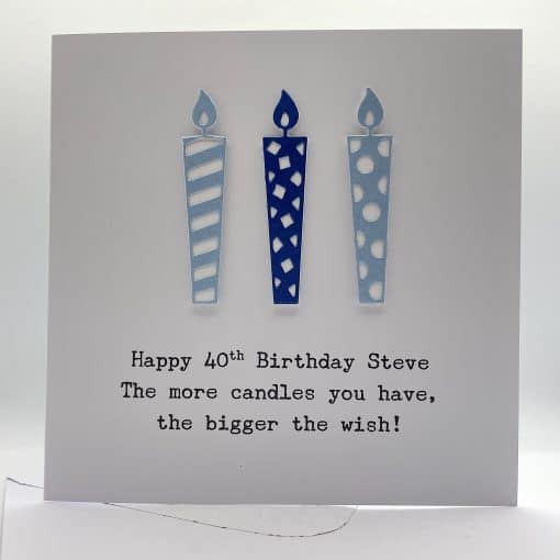 40th birthday card with candles in blue front 1