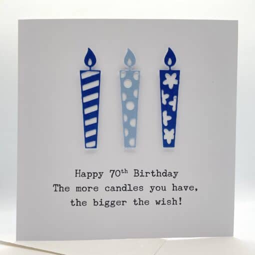 70th birthday card with candles in blue front